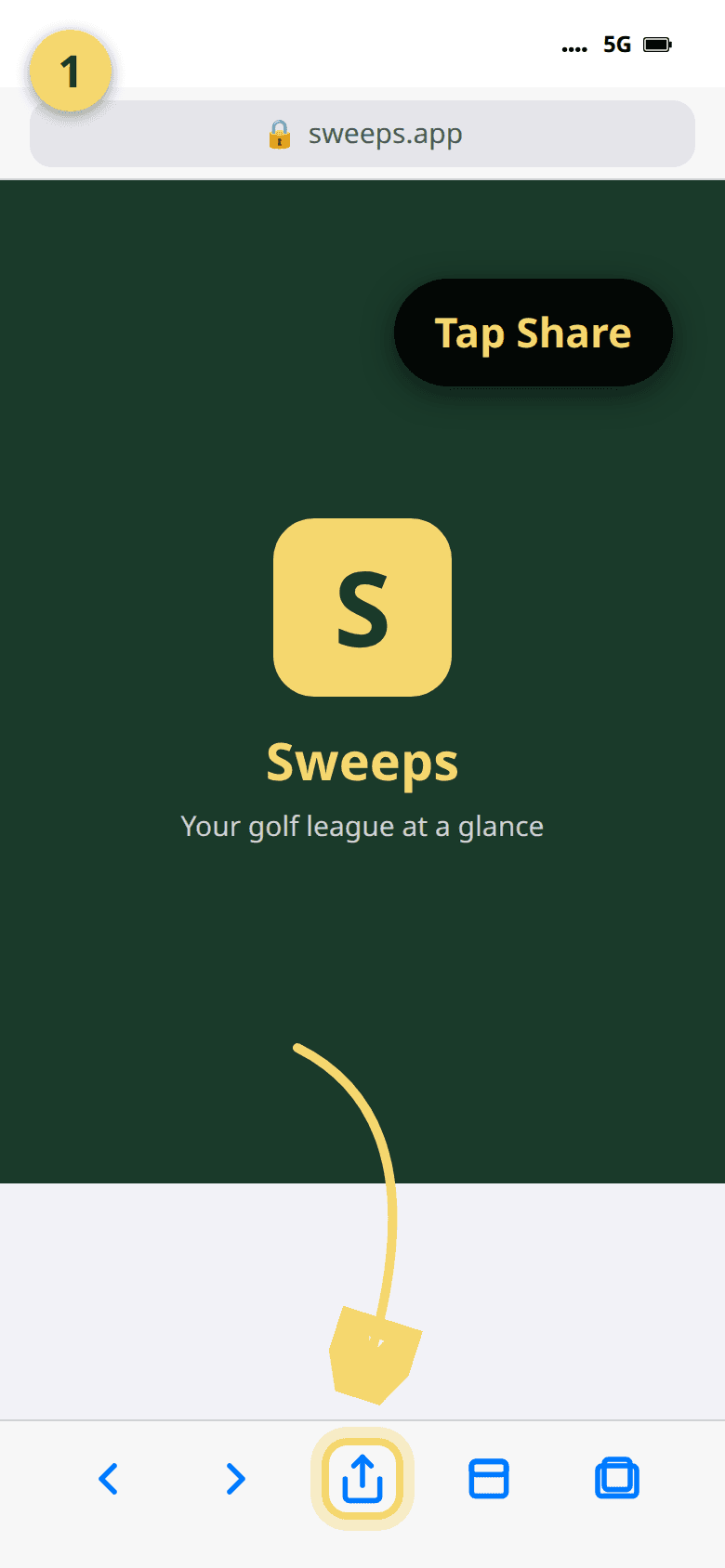 iPhone screen showing Safari at sweeps.app with the Share button highlighted at the bottom of the screen