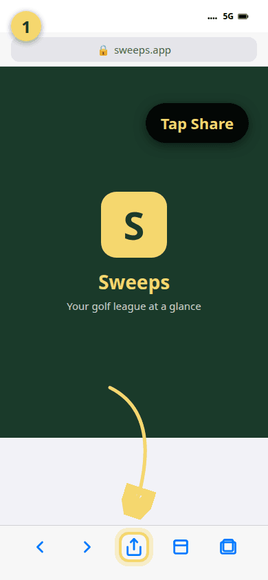 iPhone screen showing Safari at sweeps.app with the Share button highlighted at the bottom of the screen