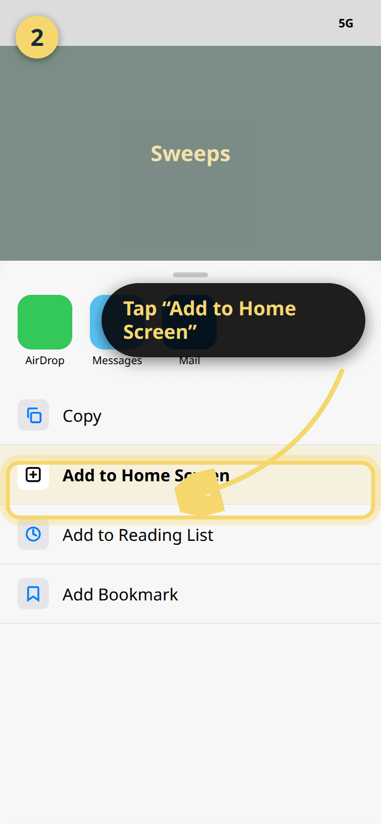 Share Sheet menu with the “Add to Home Screen” row highlighted