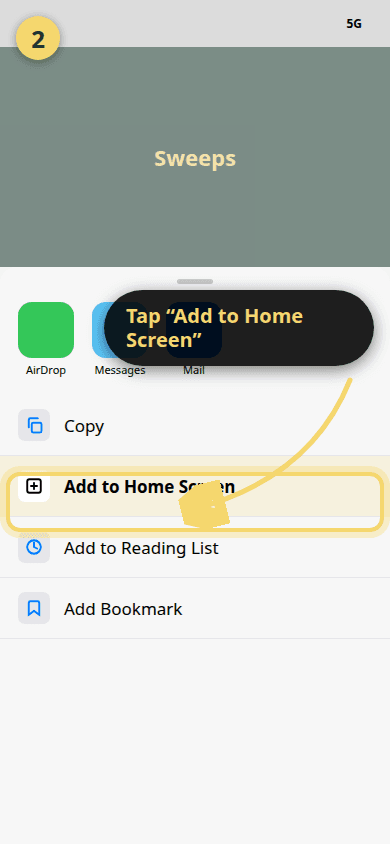 Share Sheet menu with the “Add to Home Screen” row highlighted