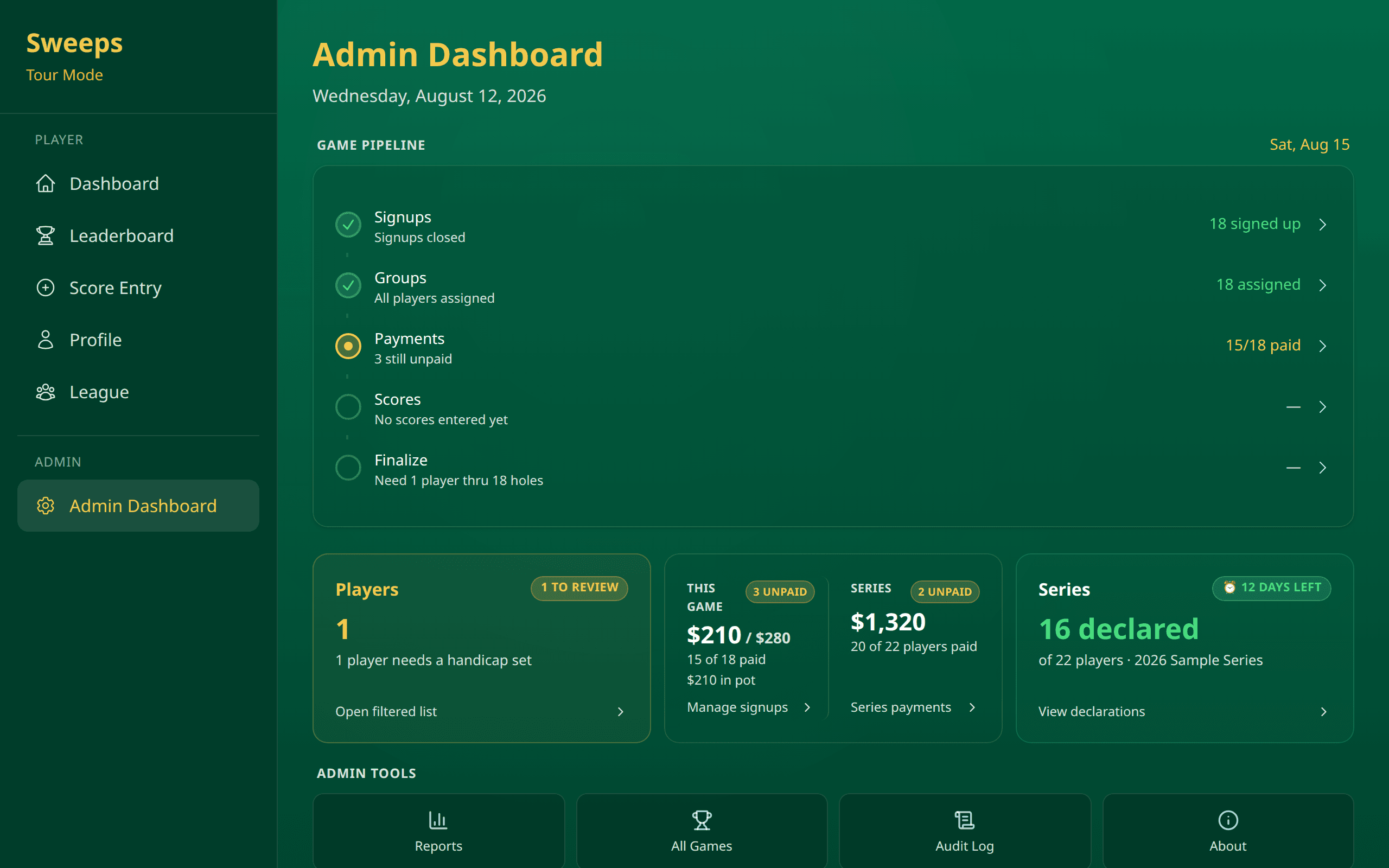 Sweeps admin dashboard in a browser: managing Games, players, and payouts