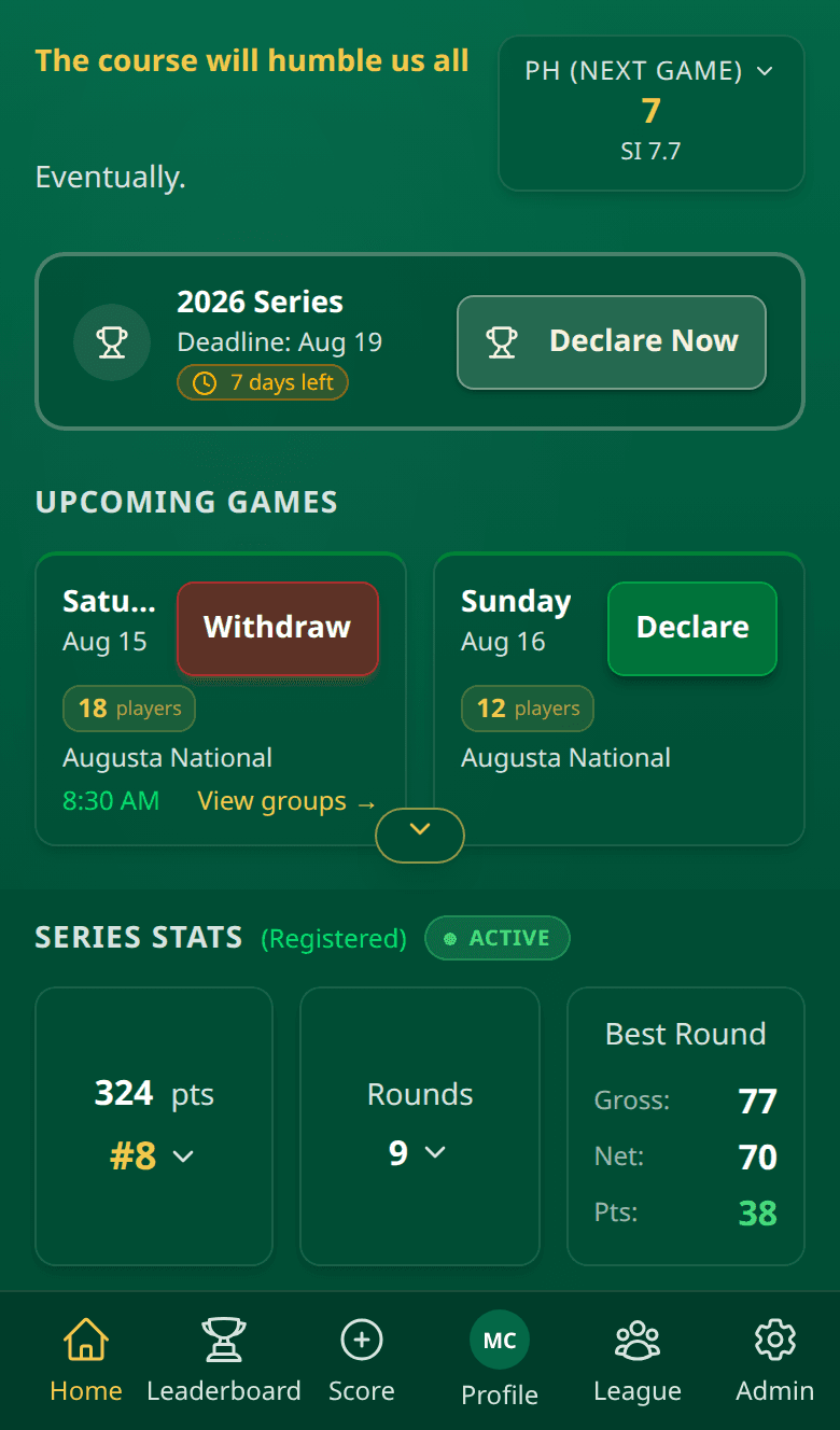 Sweeps dashboard on a phone: today's Game, signup status, and your SweepsIndex